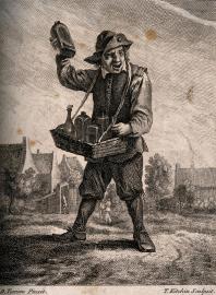A country pedlar selling medicines from a basket. Etching by T. Kitchin after D. Teniers the younger.